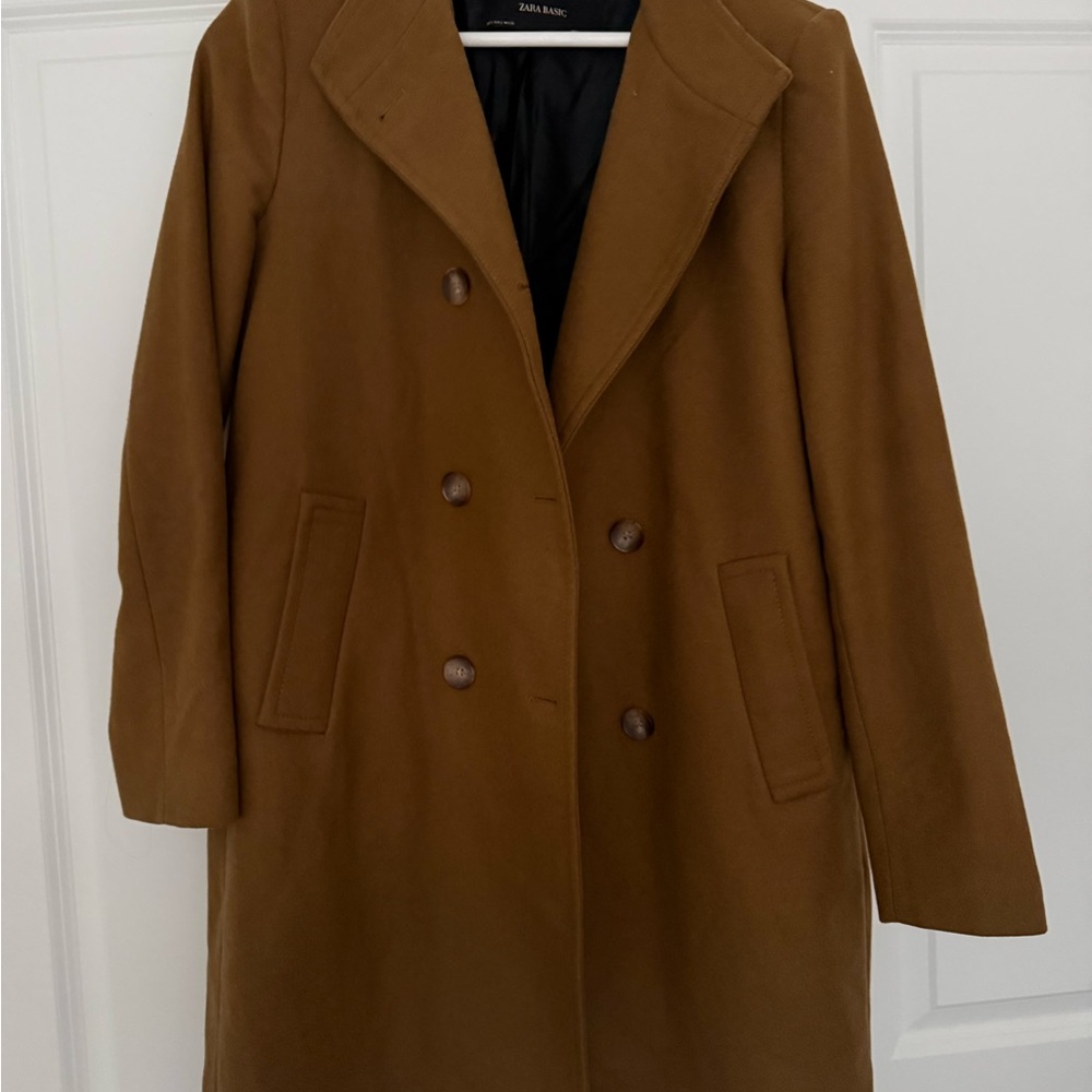 Zara Camel Brown Double-Breasted Wool Pea Coat